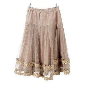 Lunn by Lilith Khaki Tulle Midi Skirt 3 Layer Pleated Drop Waist Pull-On S